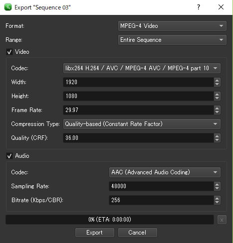 設定はそのままExportボタンをクリック