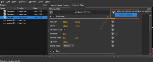 エフェクトペインのAdd Video TransitionからCross Dissolveを選択